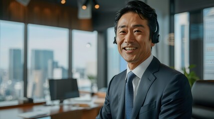 ヘッドセットをつけて微笑むシニア