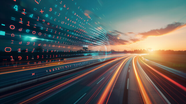 Digital data flow on road with motion blur to create vision of fast speed transfer . Concept of future digital transformation , disruptive innovation and agile business methodology