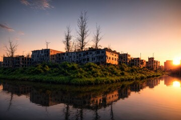 city buildings reflection in lake river pond water during sunset. wide angle view from park field....