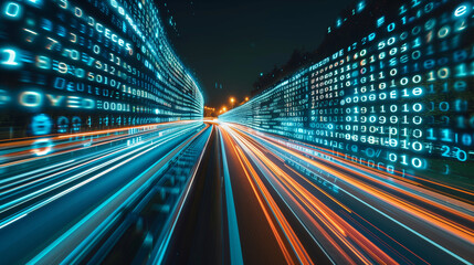 Digital data flow on road with motion blur to create vision of fast speed transfer . Concept of future digital transformation , disruptive innovation and agile business methodology