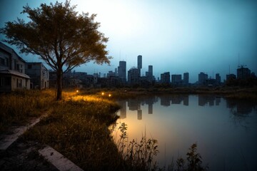 Fototapeta premium summer city town park and tree reflections in river pond at night. nature landscape town buildings under dark sky.
