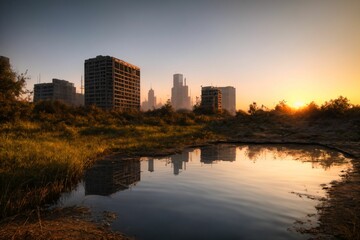 city buildings reflection in lake river pond water during sunset. wide angle view from park field. cityscape under clouds and sky.