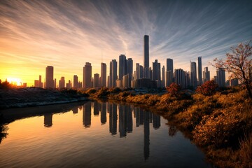Fototapeta premium city buildings reflection in lake river pond water during sunset. wide angle view from park field. cityscape under clouds and sky.
