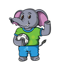 Cute little elephant cartoon illustration design smiling sweet soccer player holding ball-01.eps
