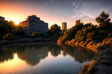 Fototapeta premium city buildings reflection in lake river pond water during sunset. wide angle view from park field. cityscape under clouds and sky.