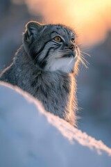 A cat is sitting on top of a snow covered hill. Generative AI.