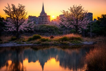 Obraz premium city buildings reflection in lake river pond water during sunset in summer. wide angle view from park field. cityscape under clouds and sky.