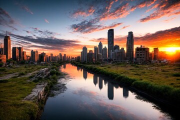 city buildings reflection in lake river pond water during sunset in summer. wide angle view from...