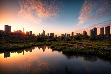 Fototapeta premium city buildings reflection in lake river pond water during sunset in summer. wide angle view from park field. cityscape under clouds and sky.