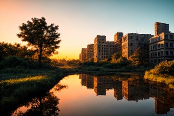 Fototapeta premium city buildings reflection in lake river pond water during sunset in summer. wide angle view from park field. cityscape under clouds and sky.