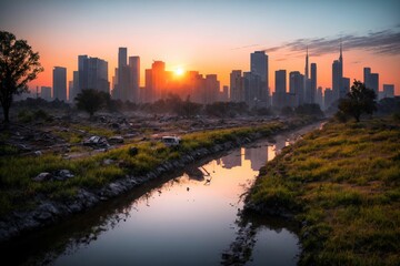 city buildings reflection in lake river pond water during sunset in summer. wide angle view from park field. cityscape under clouds and sky.