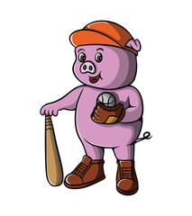 Cute pig baseball player cartoon illustration design holding bat and ball-01.eps