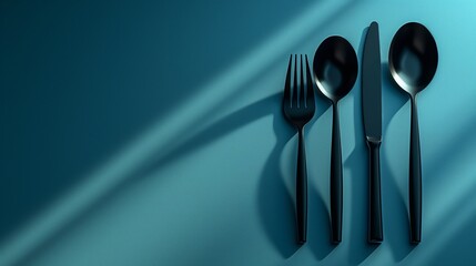 Envision a dynamic perspective capturing the essence of a logotype menu with a set of fork, knife, and spoon silhouettes arranged in flat style, each detail rendered with precision in high-definition 