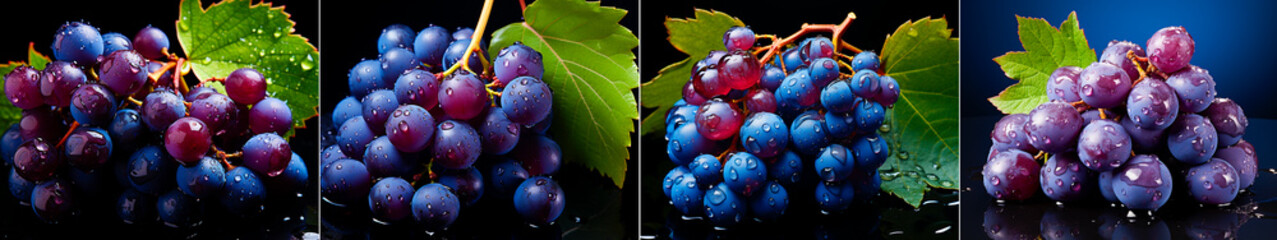 4 photos, Image of a stack of ripe grapes with a leaf on it. Natural and fresh aesthetics. Ideal for wine or food related businesses or events. - Powered by Adobe
