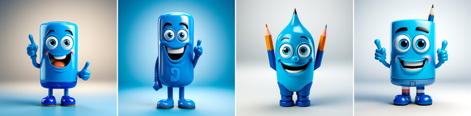 4 photos, The character shows the “OK” sign in the form of a stylized pencil. Fun and creative design for use in a variety of projects. A great addition to art-related content or branding materials.