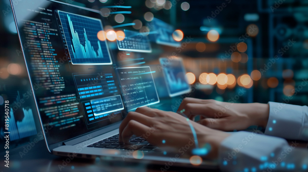 Poster software development featuring software engineer using laptop, modern digital internet technology, a