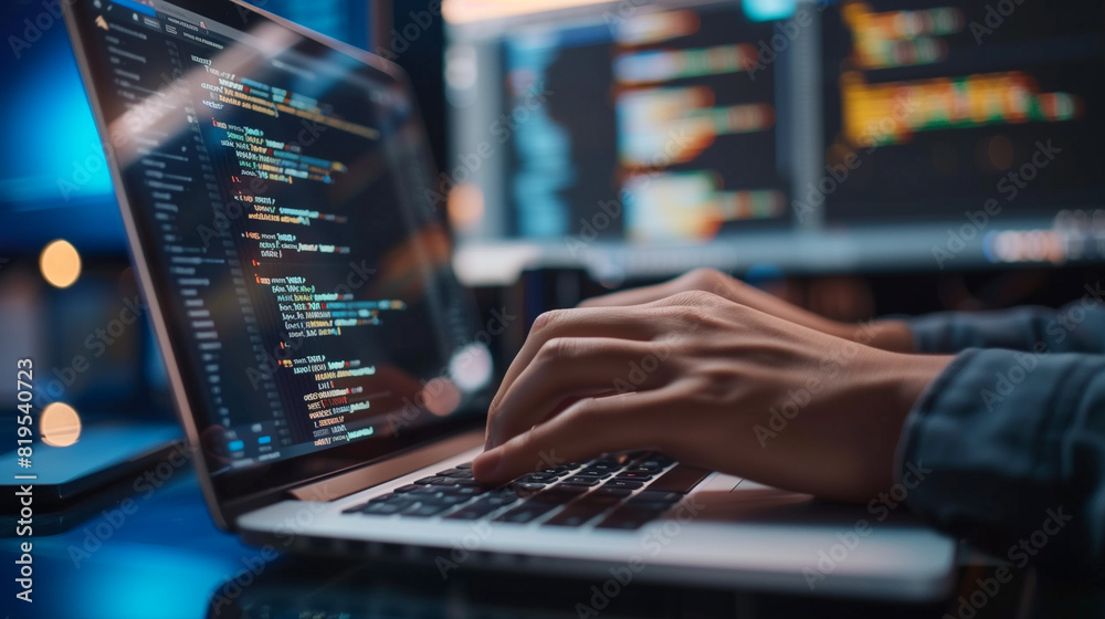 Poster software development featuring software engineer using laptop, modern digital internet technology, a