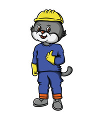 Naklejka premium Cute smiling cat cartoon illustration design giving a thumbs up wearing a project hat-01.eps