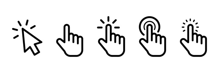 Pointer cursor сomputer mouse icon. Clicking cursor, pointing hand clicks icons. Click cursor. Vector Illustration.