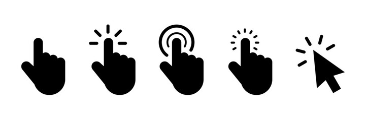 Pointer cursor сomputer mouse icon. Clicking cursor, pointing hand clicks icons. Click cursor. Vector Illustration.