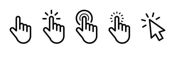 Pointer cursor сomputer mouse icon. Clicking cursor, pointing hand clicks icons. Click cursor. Vector Illustration.