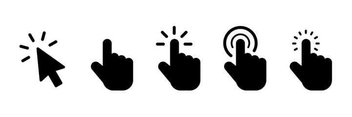 Pointer cursor сomputer mouse icon. Clicking cursor, pointing hand clicks icons. Click cursor. Vector Illustration.