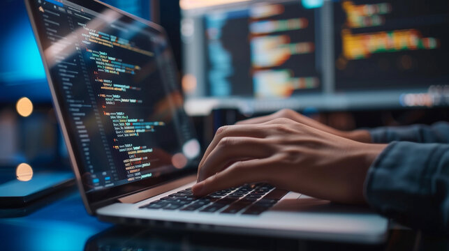 software development featuring software engineer using laptop, modern digital internet technology, an IT developer writing a program code, typing hands 
