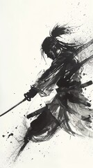 Dynamic ink painting of a samurai warrior in action pose, wielding a katana. Evokes strength, tradition, and fluidity in brushstroke art.
