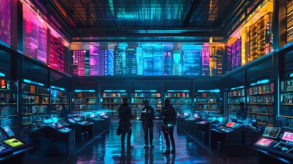 A front view of an automated public library with robotic librarians and digital archives, focusing on the evolution of information access, with a technology tone in vivid colors