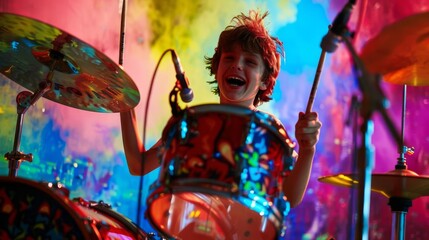 Energetic young drummer performing with enthusiasm against a colorful background, capturing the...