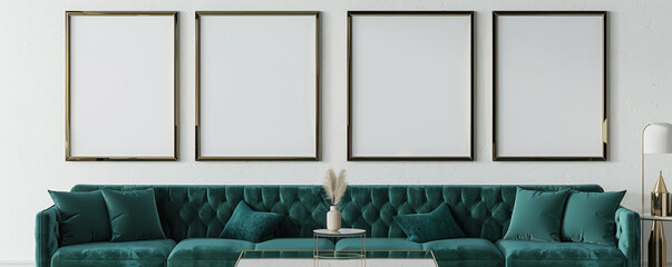 Four blank frames, off-white wall, deep teal sofa, modern glass table; high-res 3D interior.