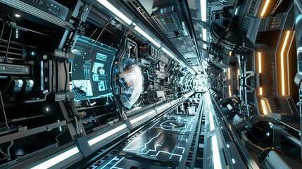 A futuristic 3D rendering of a space station, with gleaming metal and holographic displays creating a sense of wonder and awe.