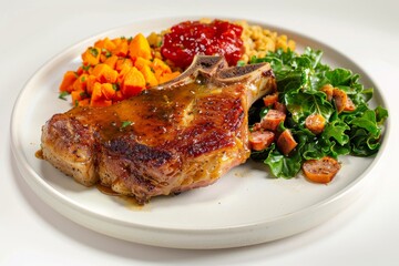 Wholesome Double Cut Pork Chop with Sweet Potato Hash and Southern Greens