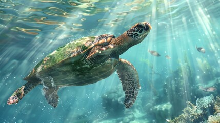 Fototapeta premium a hyper-realistic illustration of a sea turtle gliding gracefully through sunlit waters.