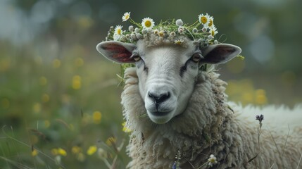 Sheep Adorned with Floral Wreath in Meadow