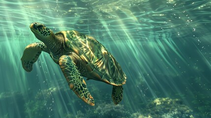 Fototapeta premium a hyper-realistic illustration of a sea turtle gliding gracefully through sunlit waters.