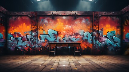 podium background with colorful graffiti, in an urban street setting with murals and street art,...