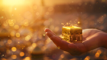 A hand holding a small kabah with glowing lights Muslim Spiritual Hajj Worship with blurred background