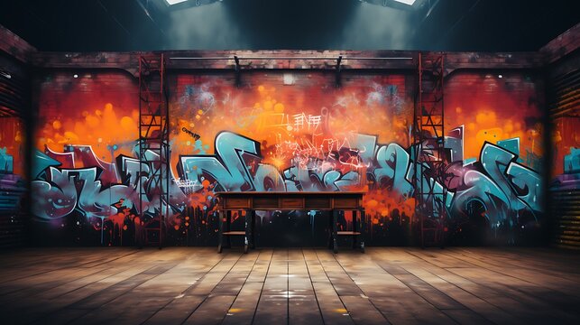 podium background with colorful graffiti, in an urban street setting with murals and street art, mood of creativity and rebellion
