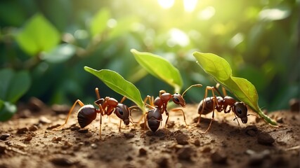 Red wood ant colony squabbling over a green leaf