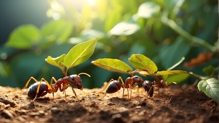 Red wood ant colony squabbling over a green leaf