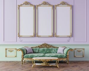 Luxury 3D-rendered room with four frames over a pastel violet wall, green velvet sofa, and ornate gold table.