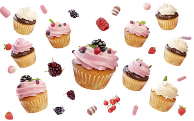cupcakes with froasting and berries flying on transparent white background, PNG image., 3d render, best selling, viral, trending, stock photos	