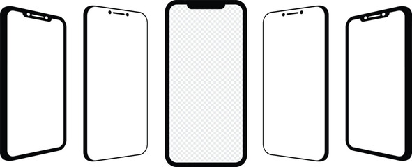 Realistic models smartphone with transparent screens. Smartphone mockup collection. Blank screen on phone different angles views. Vector illustration