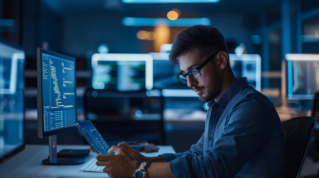 male software engineer using a digital tablet in modern office, an IT developer checking the code of a software on tablet for any possible errors, programming codes proof reading 