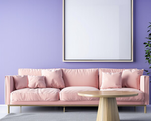 Minimalist living room with one blank frame on a violet wall, soft pink sofa, and contemporary oak...