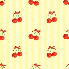 Cute cherry fruits pattern background design. Seamless pattern red cherry with ribbon.