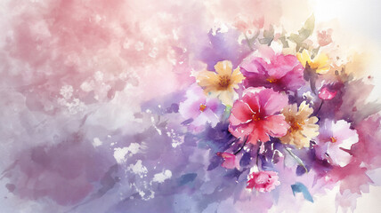 Watercolor painting of a vibrant bouquet of flowers in pink, purple, yellow, and white hues against a soft, pastel background, creating a delicate and artistic scene.