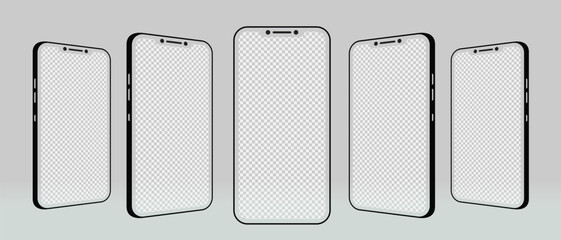 Realistic models smartphone with transparent screens. Smartphone mockup collection. Modern smartphone mockup template. Mobile phone frame with blank display isolated on phone different angles views.