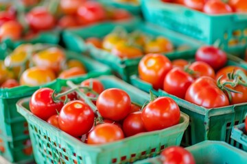 Fresh tomatoes in green baskets at a market